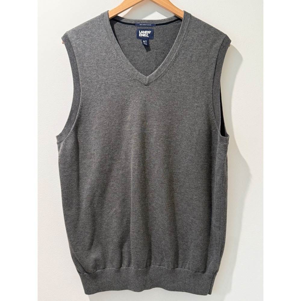 Lands End Sweater Vest V-Neck Gray Supima Cotton Medium Tall Mens Classic Layer